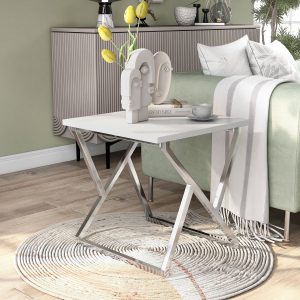 MESA LATERAL KALHEB – ACERO INOXIDABLE CON TABLERO DE MADERA PINTADO EN COLOR BLANCO
