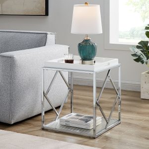 MESA LATERAL TOMM - ACERO INOXIDABLE DE DISEÑO ESCLUSIVO CON VIDRIO Y TABLERO DE MADERA PINTADO COLOR BLANCO